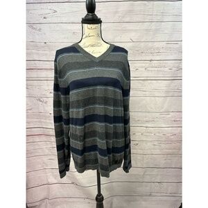 Chatham Road‎ Mens Size Large Striped V Neck Long Sleeve Sweater Gray Blue